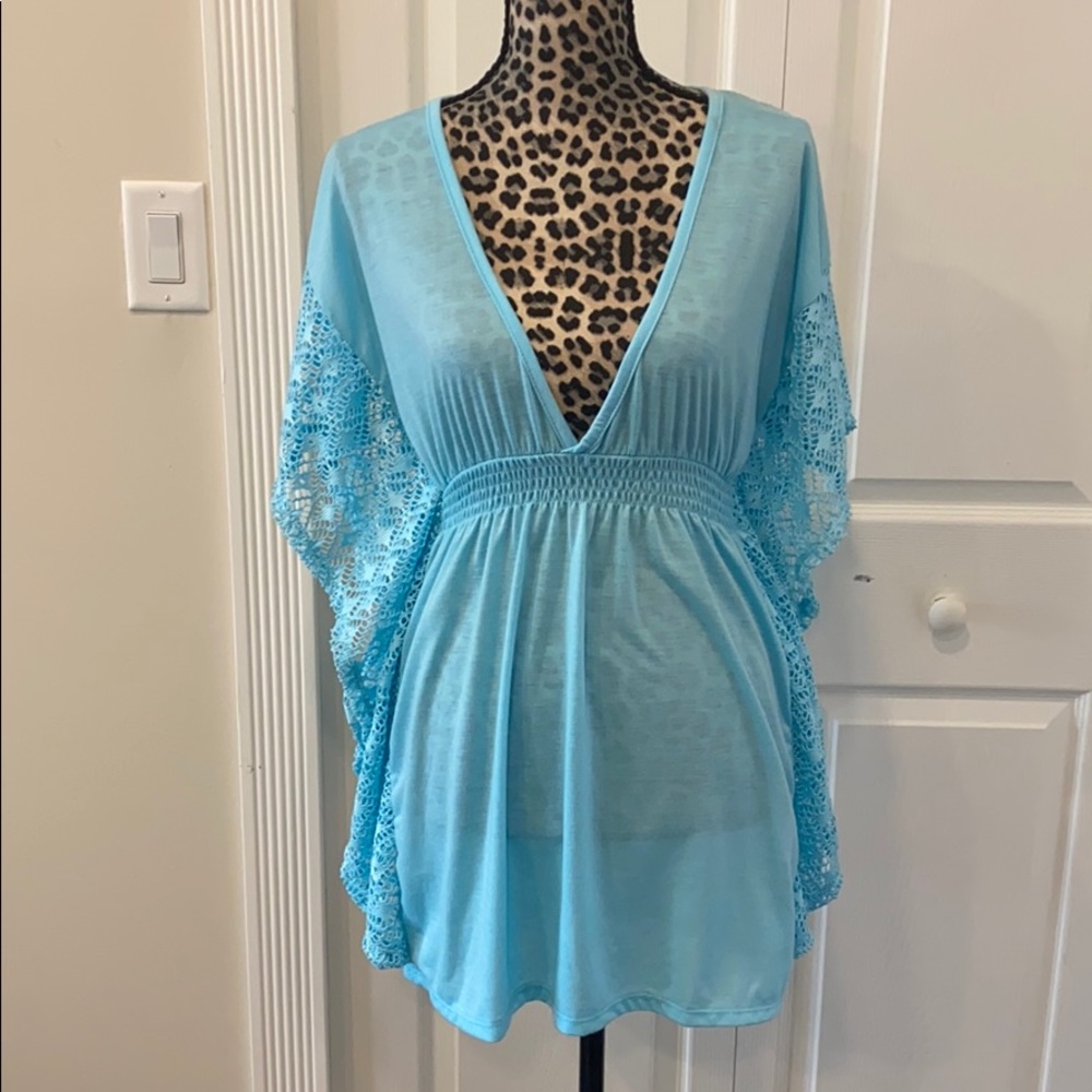 Miken V-Neck Mesh Open Back Swimsuit Coverup Medium Blue NWT